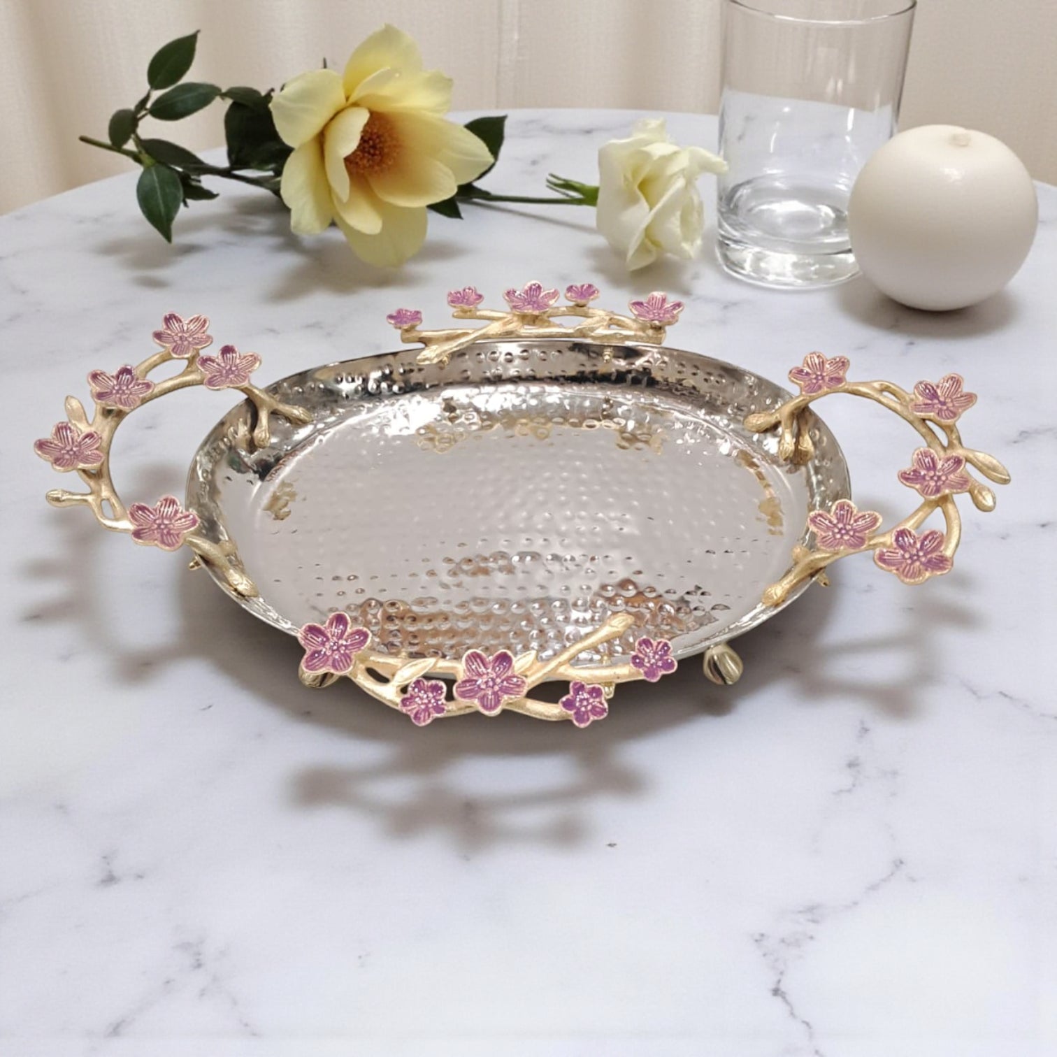 Elongated Hammered Oval Tray with Pink Floral Accents – Stainless Steel & Brass Decorative Serving Platter | Elegant Food-Safe Table Centerpiece - Damoo