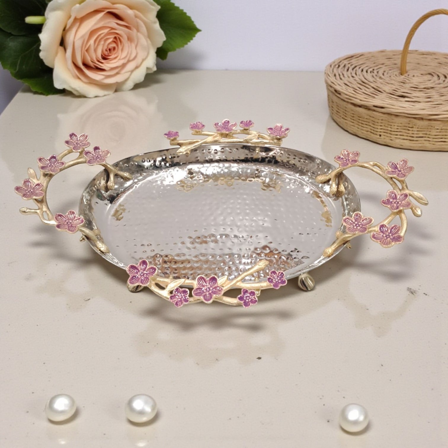 Elongated Hammered Oval Tray with Pink Floral Accents – Stainless Steel & Brass Decorative Serving Platter | Elegant Food-Safe Table Centerpiece - Damoo