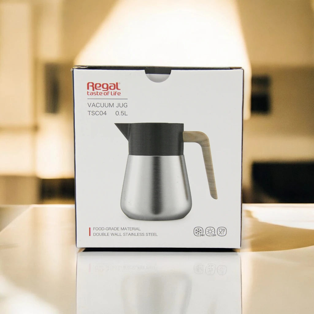 Regal 0.5L Stainless Steel Vacuum Jug β Double Wall Thermos Flask with Wood-Style Handle | Keeps Beverages Hot for 12 Hours & Cold for 24 Hours - TSC04 - Damoo