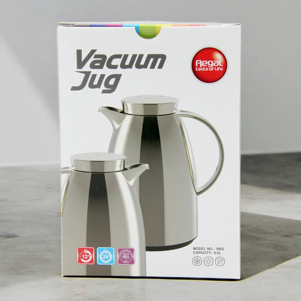 Regal Vacuum Jug 0.5L – Premium Insulated Beverage Dispenser - Keeps Drinks Hot for 12 Hours, Cold for 24 Hours - Durable Glass Liner, Easy Pour, Ideal for Coffee, Tea, and Hot Water - RBS - Damoo