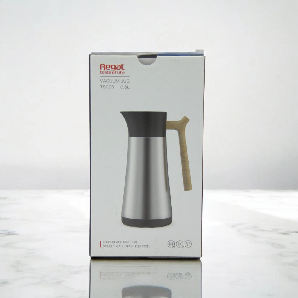 Regal Vacuum Jug β 0.6L Stainless Steel Thermos | Double Wall Insulation | Wooden Handle | Keeps Drinks Hot & Cold - TSC06 - Damoo