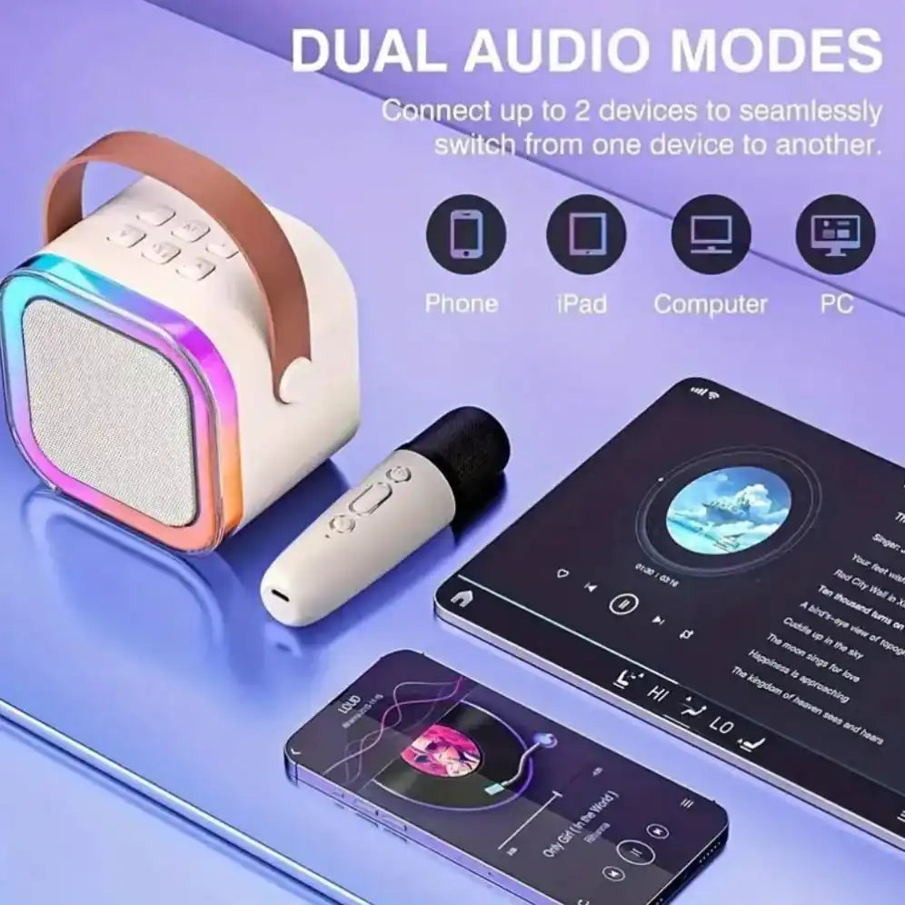 Rofee Portable Karaoke Machine with 2 Wireless Microphones, Bluetooth 5.3 Speaker, Voice Changer, LED Lights & 2000mAh Battery – Perfect Gift for Kids, Adults, Parties & Travel - Damoo