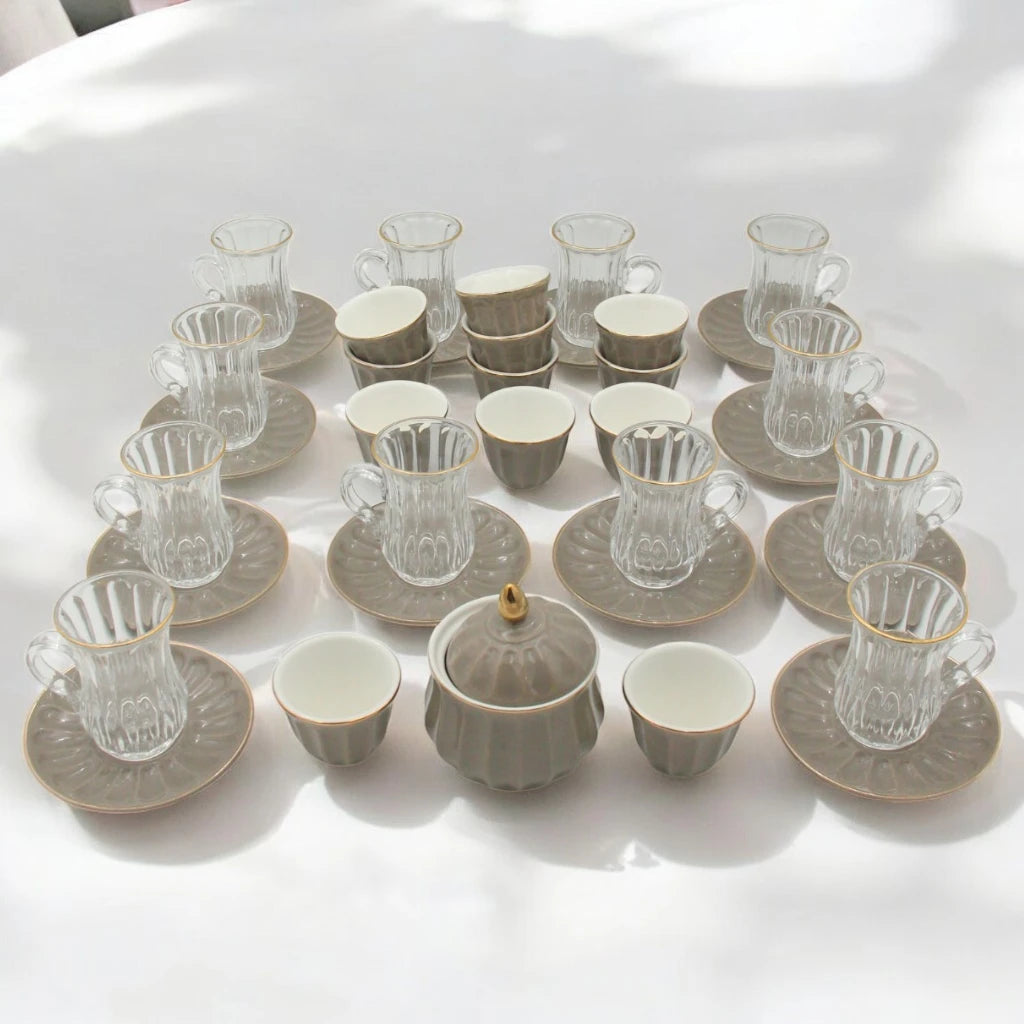 Rose 38-Piece Luxury Arabic Tea & Gahwa Serving Set – Elegant Glass Tea Cups with Porcelain Saucers, Gahwa Cups, Sugar Bowl – Perfect for Eid, Ramadan, Weddings & Majlis Hosting - Damoo