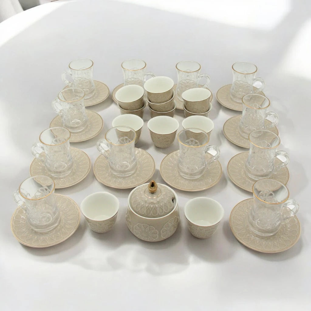 Rose 38-Piece Luxury Arabic Tea & Gahwa Serving Set – Elegant Glass Tea Cups with Porcelain Saucers, Gahwa Cups, Sugar Bowl – Perfect for Eid, Ramadan, Weddings & Majlis Hosting - Damoo