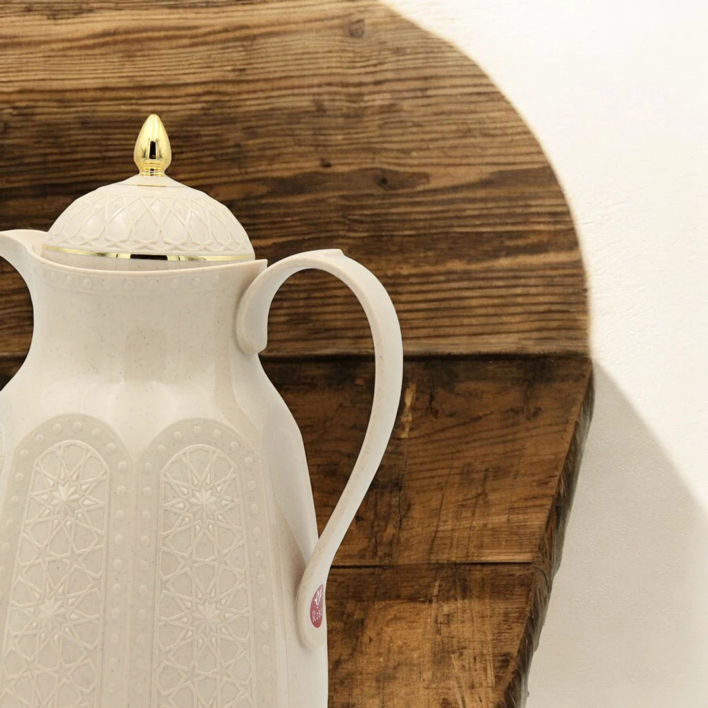 Rose Premium Arabic Thermos Flask 1 Liters – Double Wall Glass Vacuum Jug for Hot & Cold Drinks – Elegant White & Gold Design – Long Heat Retention - Damoo