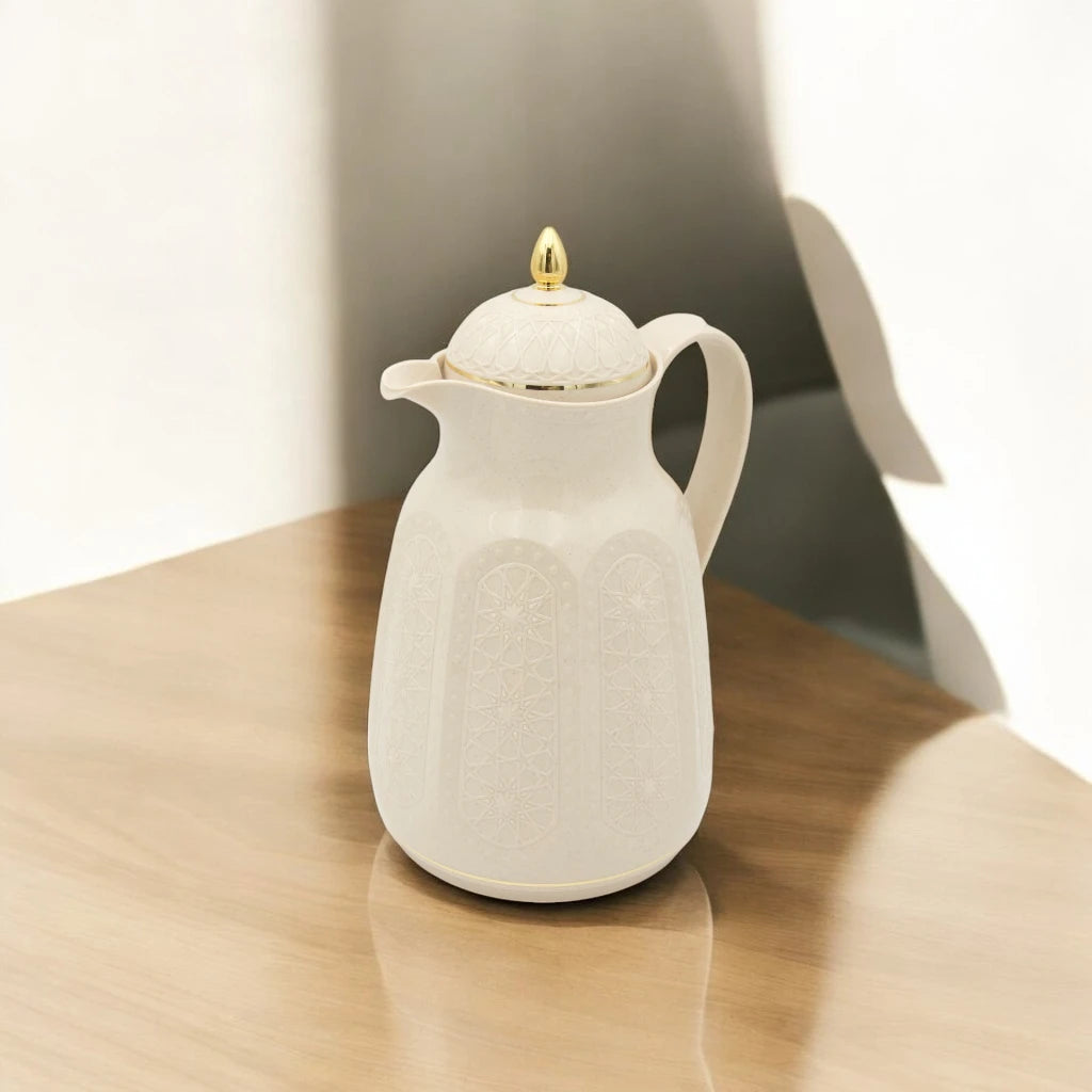 Rose Premium Arabic Thermos Flask 1 Liters – Double Wall Glass Vacuum Jug for Hot & Cold Drinks – Elegant White & Gold Design – Long Heat Retention - Damoo