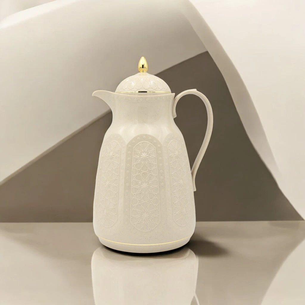 Rose Premium Arabic Thermos Flask 1 Liters – Double Wall Glass Vacuum Jug for Hot & Cold Drinks – Elegant White & Gold Design – Long Heat Retention - Damoo