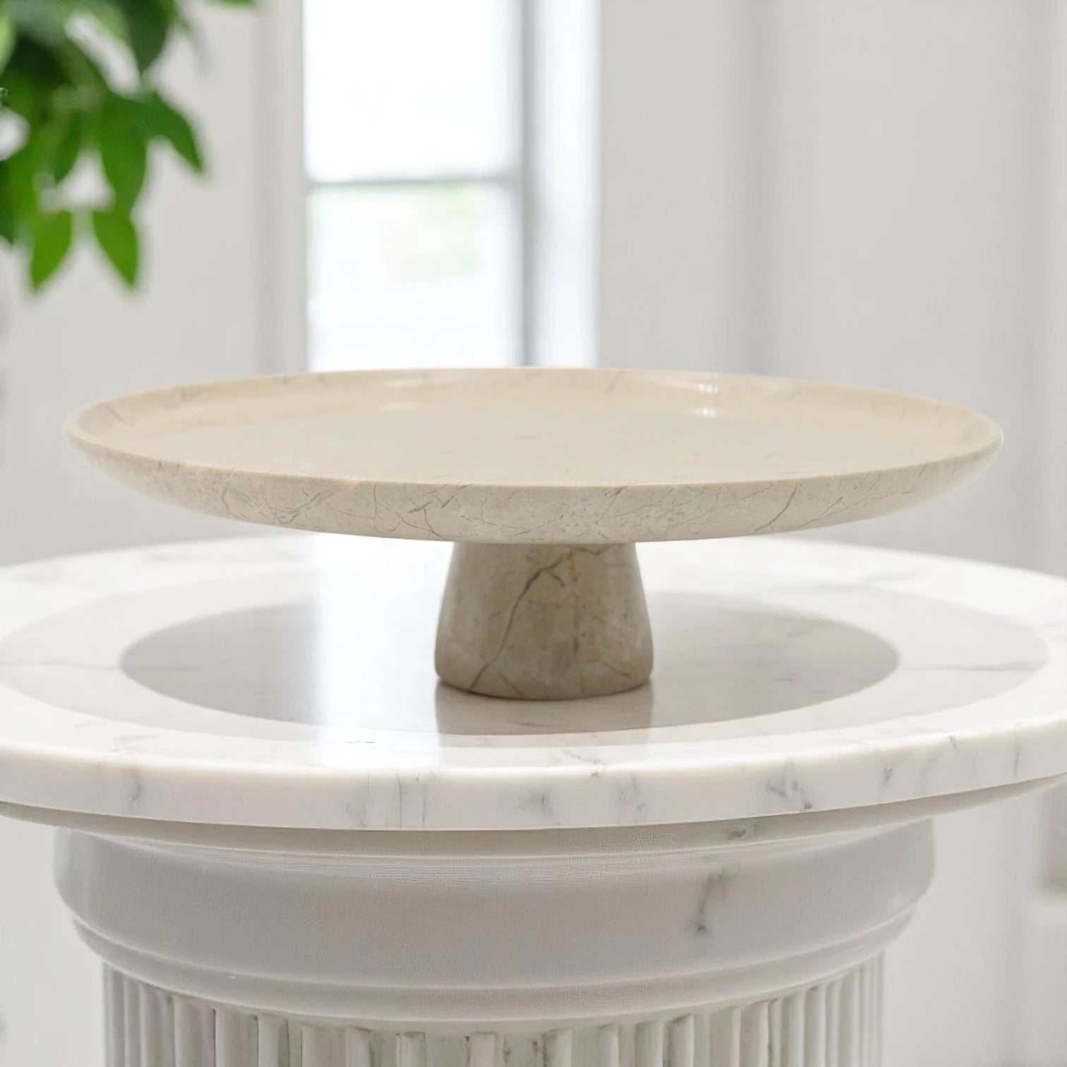 Round Marble-Style Serving Plate on Stand – Modern Decorative Stone-Look Display for Kitchen, Dining Table & Living Room - Elegant Raised Tray for Food, Decor & More - Damoo