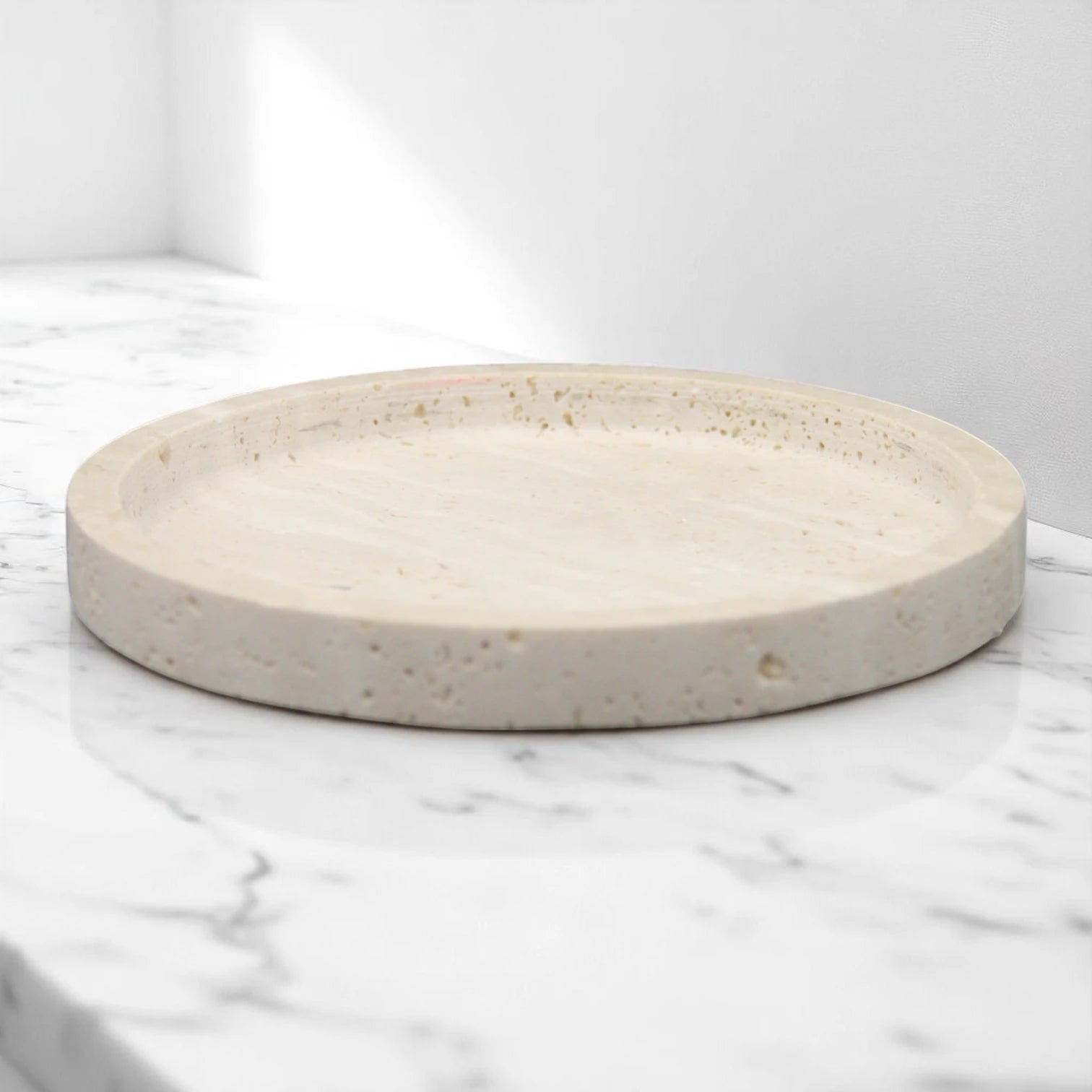 Round Travertine Stone Plate – Natural Beige Decorative & Serving Plate for Food, Jewelry, and Home Organization - Damoo