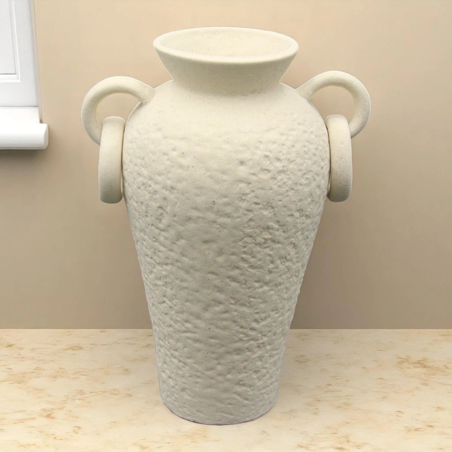 Rustic Ceramic Farmhouse Flower Vase with Two Handles – Cream Decorative Pottery Vase for Living Room, Table, or Shelf - Damoo