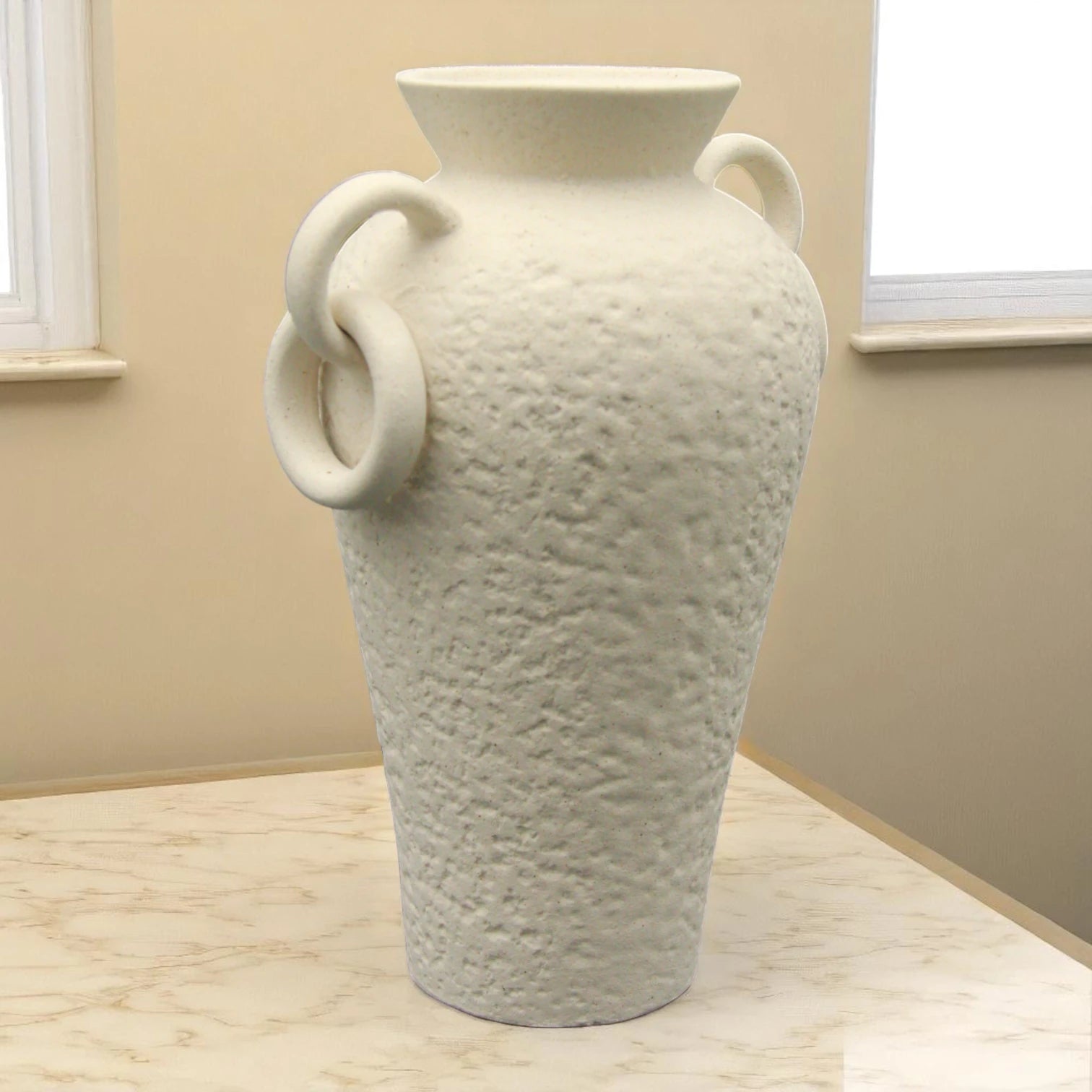 Rustic Ceramic Farmhouse Flower Vase with Two Handles – Cream Decorative Pottery Vase for Living Room, Table, or Shelf - Damoo