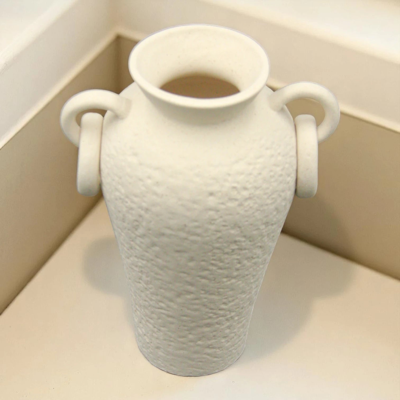 Rustic Ceramic Farmhouse Flower Vase with Two Handles – Cream Decorative Pottery Vase for Living Room, Table, or Shelf - Damoo