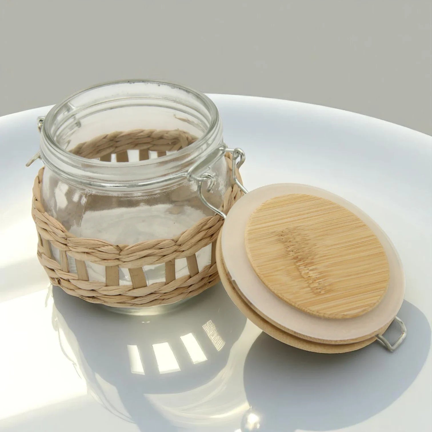 Rustic Glass Storage Jar with Bamboo Lid & Woven Rattan Sleeve – Airtight Small Kitchen Container for Spices, Herbs & Tea - Damoo