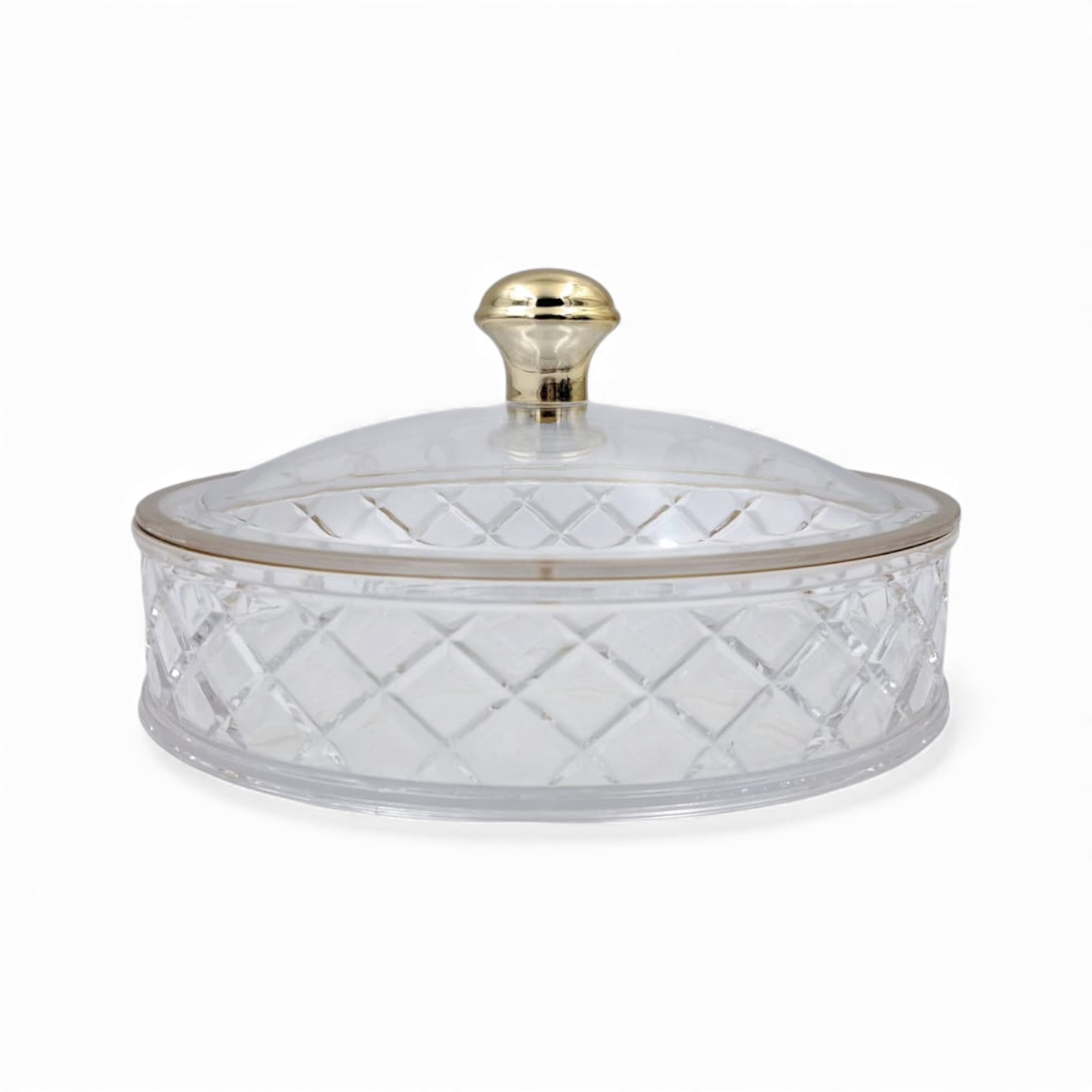Luxury Crystal Acrylic Round Candy Box with Lid – Clear & Gold Daisy Pattern Dessert Tray for Sweets, Dates, Dry Fruits & Snacks | Food-Safe Acrylic | Available in 3 Sizes (19cm / 25cm / 31cm) - Damoo