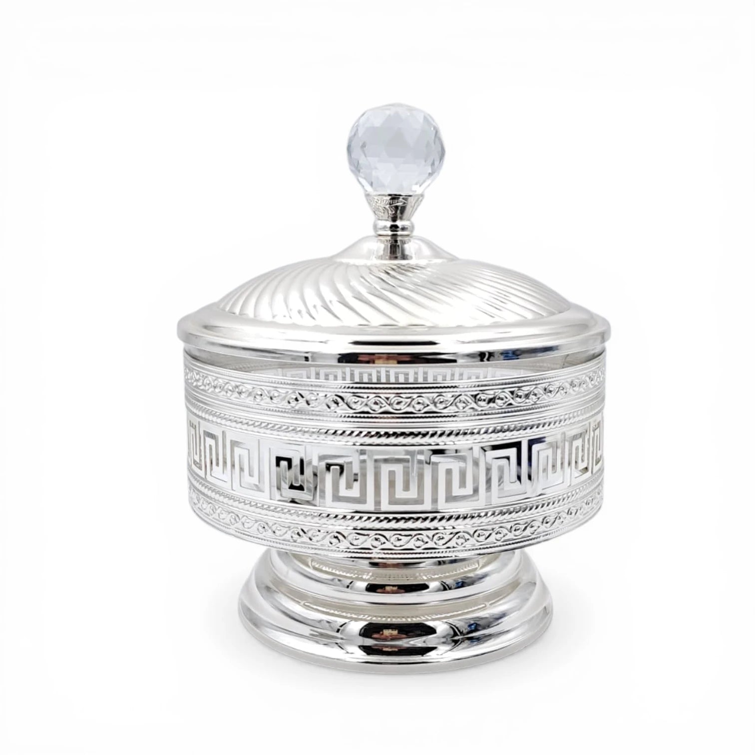 Decorative Metal Serving Bowl with Lid European Style Silver Finish Multi-Use Fruit Snack Storage Jar - Multi sizes - Damoo