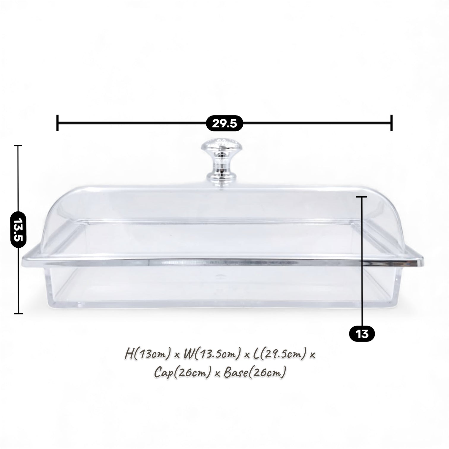 Multifunctional Rectangular Acrylic Cake Stand with Clear Dome Lid – Serving Tray & Pastry Display for Parties, Kitchen & Buffet – Gold & Silver Knob Options (H13cm × L29.5cm × W13.5cm × Cap26cm × Base26cm) - Damoo