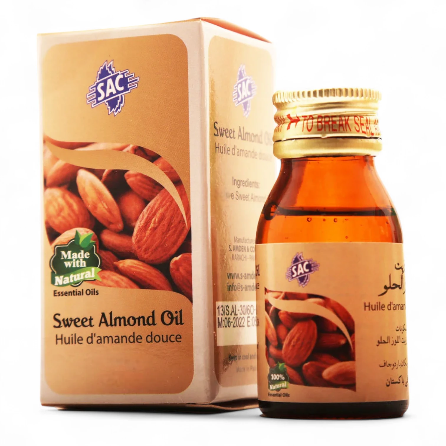 SAC 100% Pure Sweet Almond Oil 60ml – Cold-Pressed Natural Moisturizer for Hair, Face & Body – Anti-Aging, Hair Growth, Dark Circle & Rash Relief - Damoo