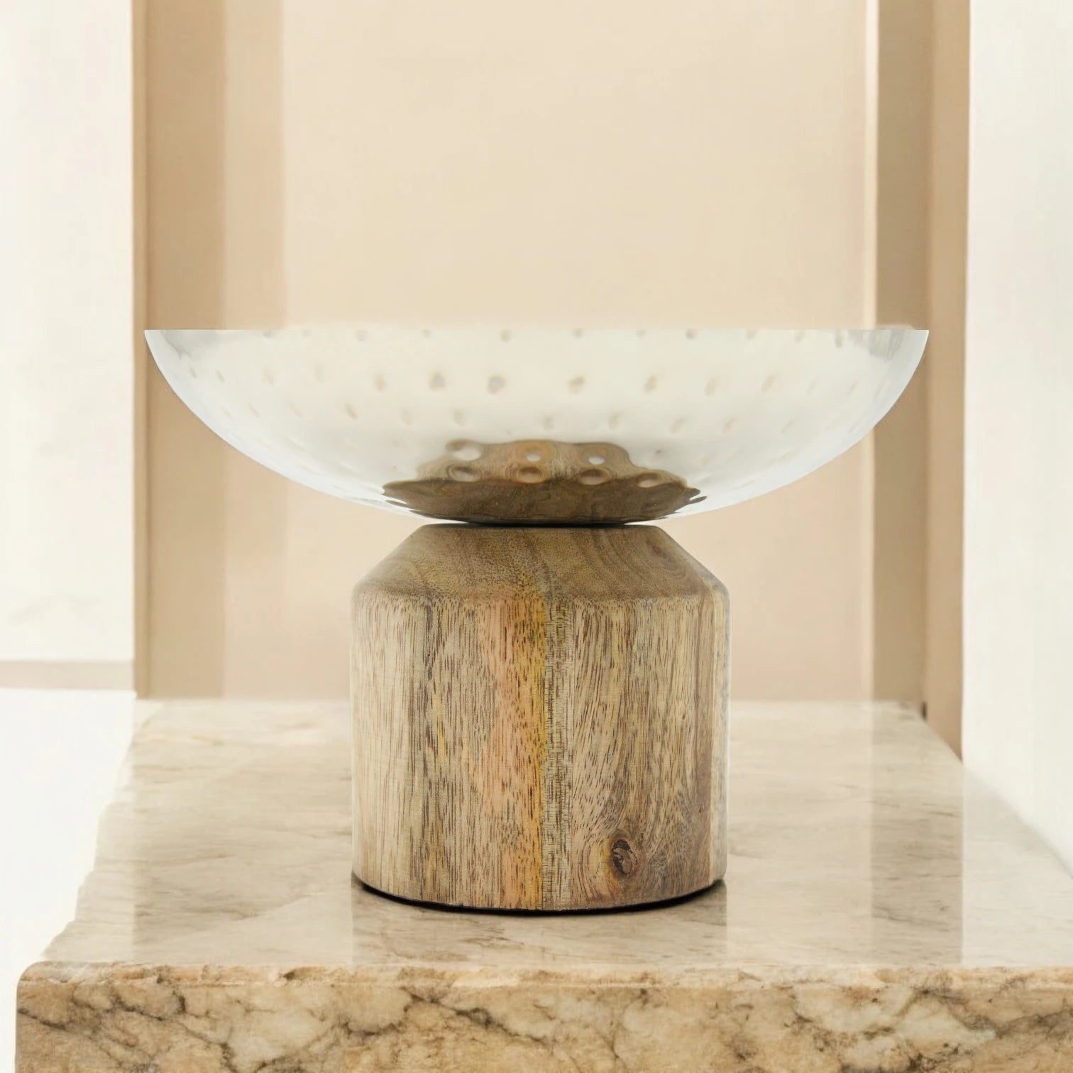 Silver Round Decorative Stainless Steel Serving Bowl with Wooden Stand – Elegant Tabletop Centerpiece for Serving, Storing, or Home Décor - Damoo
