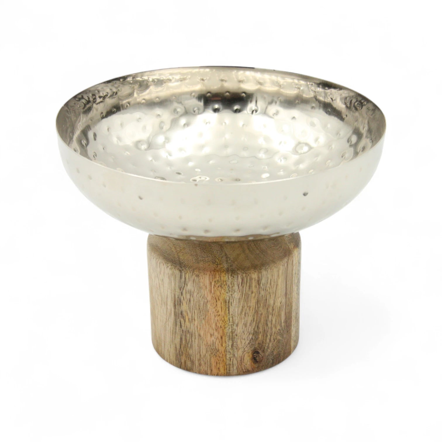 Silver Round Decorative Stainless Steel Serving Bowl with Wooden Stand – Elegant Tabletop Centerpiece for Serving, Storing, or Home Décor - Damoo