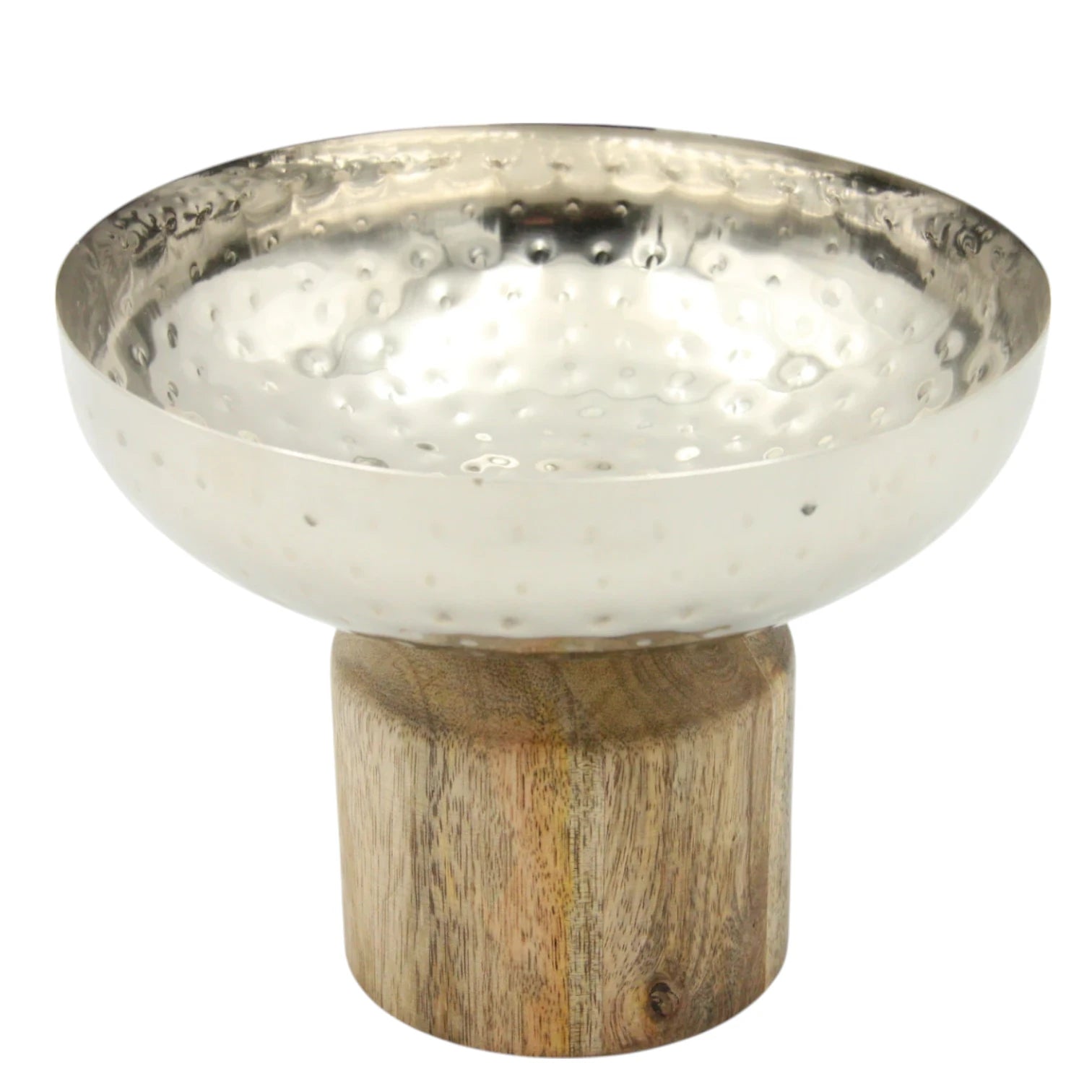 Silver Round Decorative Stainless Steel Serving Bowl with Wooden Stand – Elegant Tabletop Centerpiece for Serving, Storing, or Home Décor - Damoo
