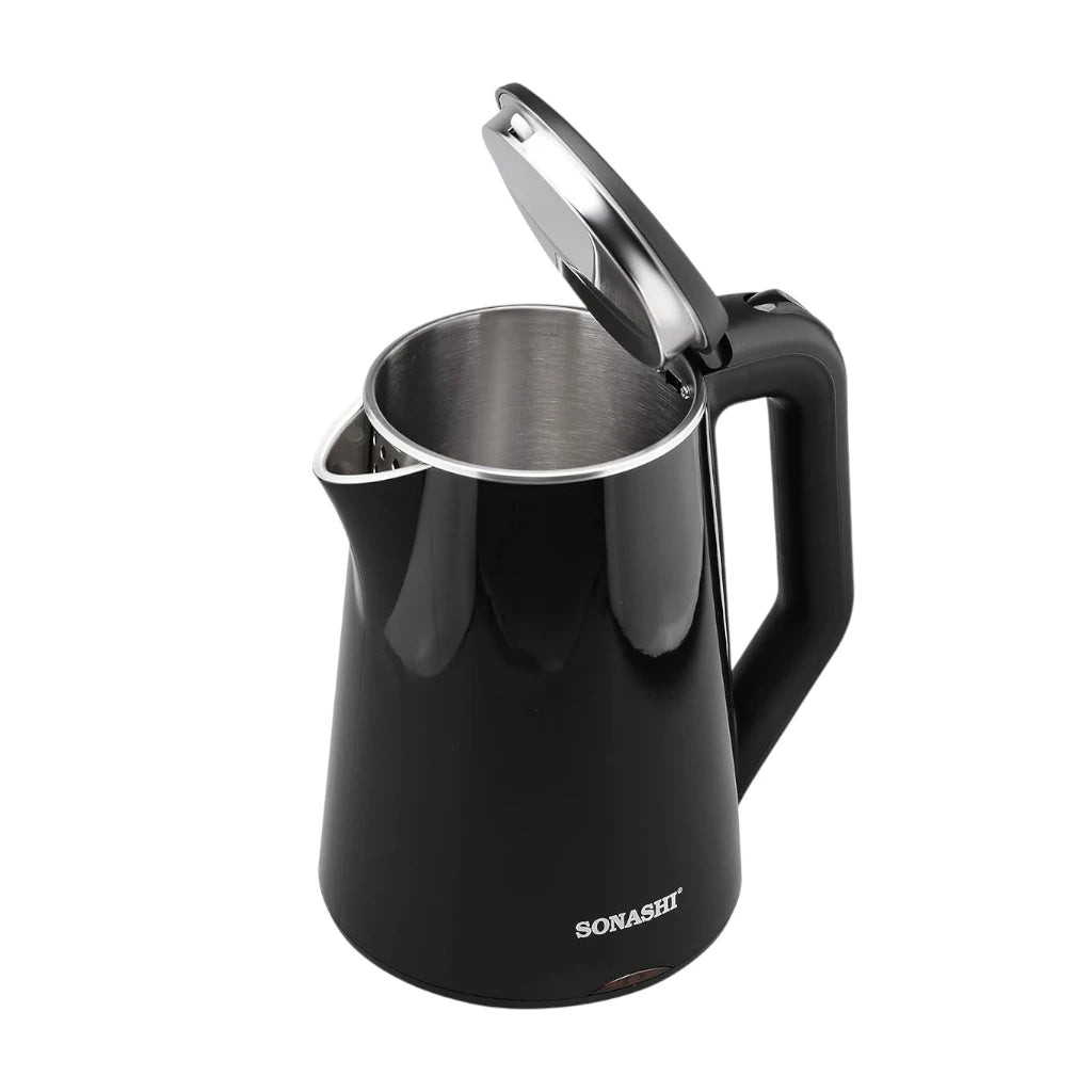 Sonashi 1.8L Cordless Electric Kettle (SKT-1808N) – 2200W Stainless Steel Double Layer Cool-Touch Kettle with Auto Shut-Off, Boil-Dry Protection, 360° Swivel Base & Light Indicator – Black - Damoo