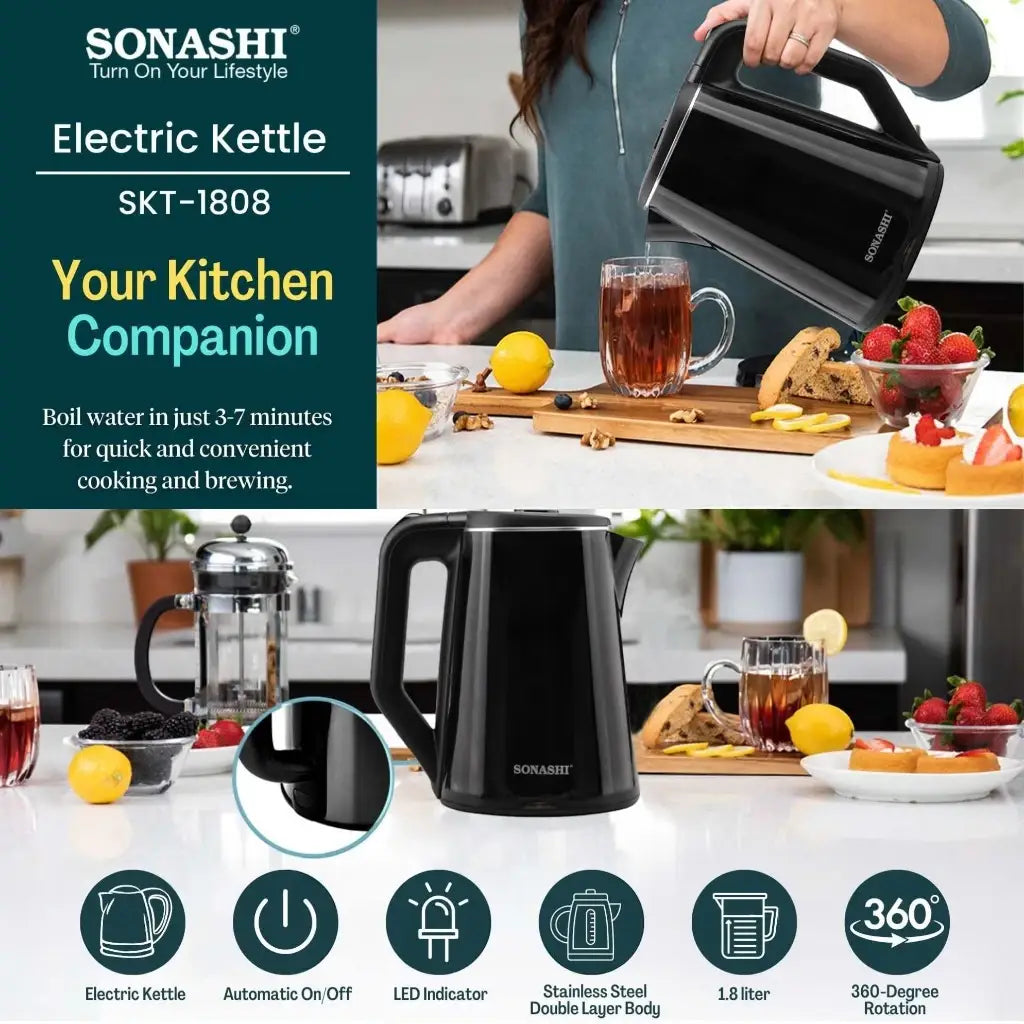 Sonashi 1.8L Cordless Electric Kettle (SKT-1808N) – 2200W Stainless Steel Double Layer Cool-Touch Kettle with Auto Shut-Off, Boil-Dry Protection, 360° Swivel Base & Light Indicator – Black - Damoo