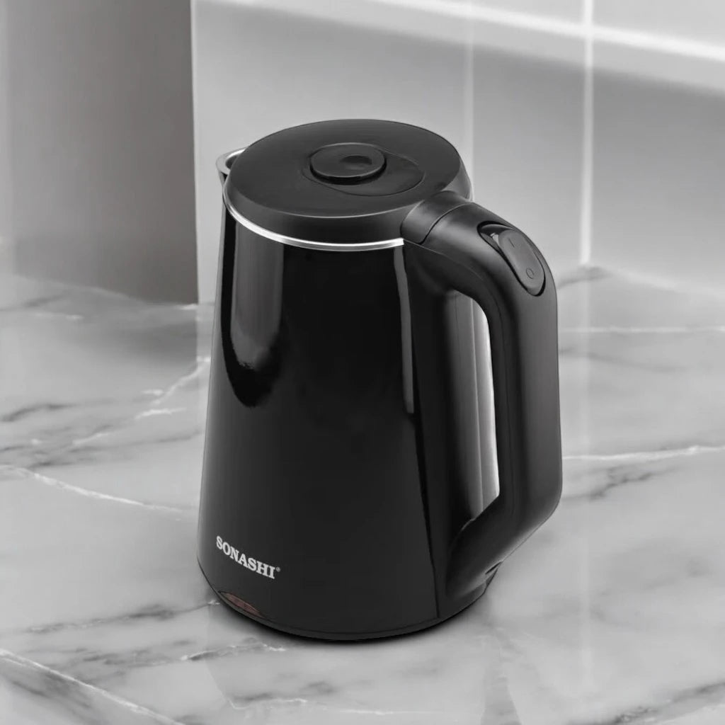 Sonashi 1.8L Cordless Electric Kettle (SKT-1808N) – 2200W Stainless Steel Double Layer Cool-Touch Kettle with Auto Shut-Off, Boil-Dry Protection, 360° Swivel Base & Light Indicator – Black - Damoo
