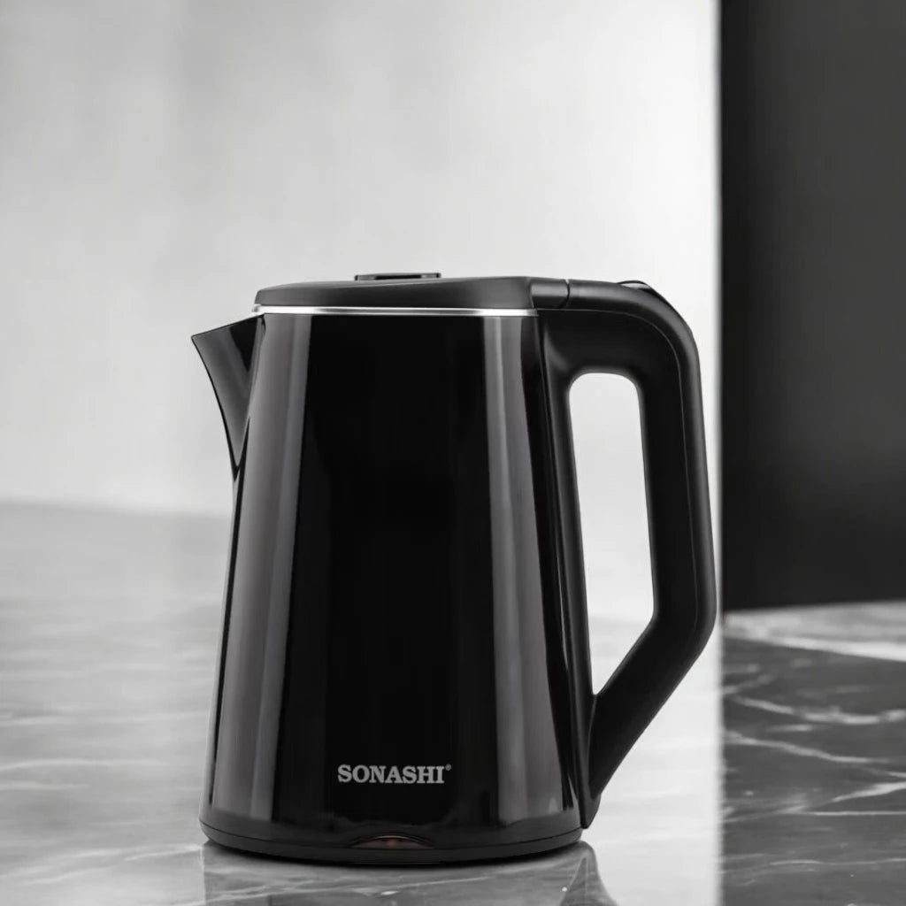 Sonashi 1.8L Cordless Electric Kettle (SKT-1808N) – 2200W Stainless Steel Double Layer Cool-Touch Kettle with Auto Shut-Off, Boil-Dry Protection, 360° Swivel Base & Light Indicator – Black - Damoo