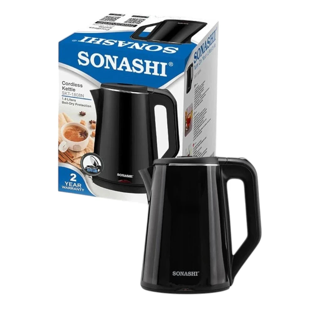 Sonashi 1.8L Cordless Electric Kettle (SKT-1808N) – 2200W Stainless Steel Double Layer Cool-Touch Kettle with Auto Shut-Off, Boil-Dry Protection, 360° Swivel Base & Light Indicator – Black - Damoo