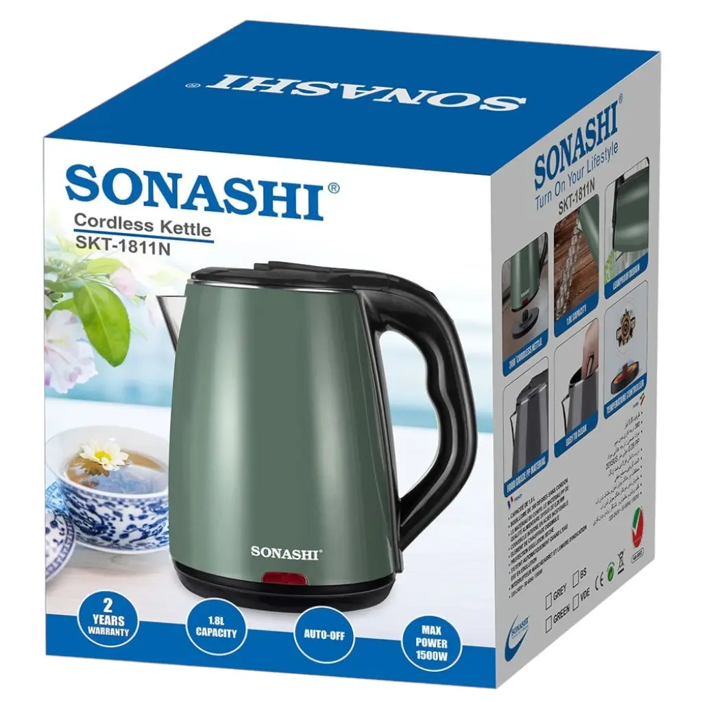 Sonashi 1.8L Cordless Electric Kettle (SKT-1811N) – 1500W Green Double-Layer Cool-Touch Body, Food-Grade Stainless Steel Inner, 360° Swivel Base, Auto Shut-Off & Boil-Dry Protection - Green - Damoo