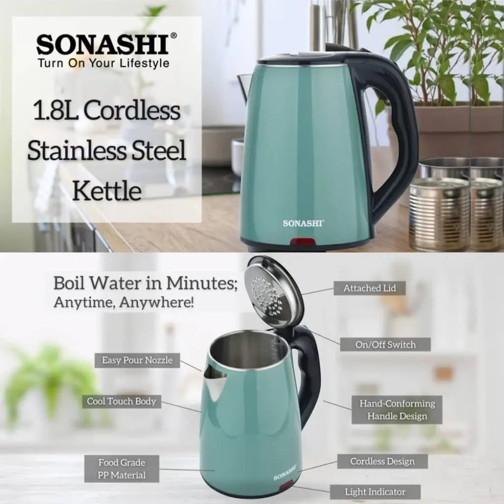 Sonashi 1.8L Cordless Electric Kettle (SKT-1811N) – 1500W Green Double-Layer Cool-Touch Body, Food-Grade Stainless Steel Inner, 360° Swivel Base, Auto Shut-Off & Boil-Dry Protection - Green - Damoo