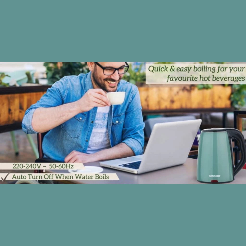 Sonashi 1.8L Cordless Electric Kettle (SKT-1811N) – 1500W Green Double-Layer Cool-Touch Body, Food-Grade Stainless Steel Inner, 360° Swivel Base, Auto Shut-Off & Boil-Dry Protection - Green - Damoo