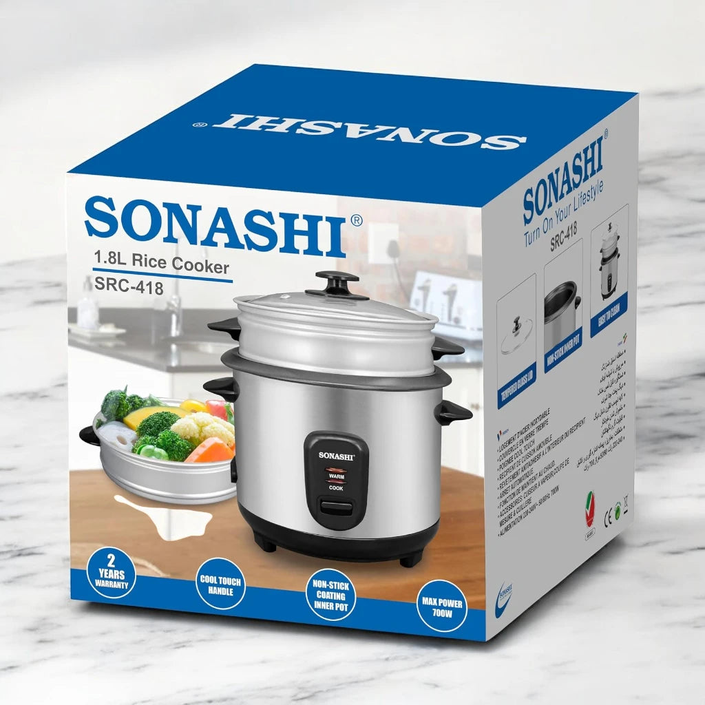 Sonashi 1.8L Electric Rice Cooker SRC-418 – Stainless Steel Housing, Non-Stick Removable Pot, Tempered Glass Lid, Auto Shut-Off & Keep Warm Function | 700W Cooker with Steamer, Spoon & Cup - Damoo