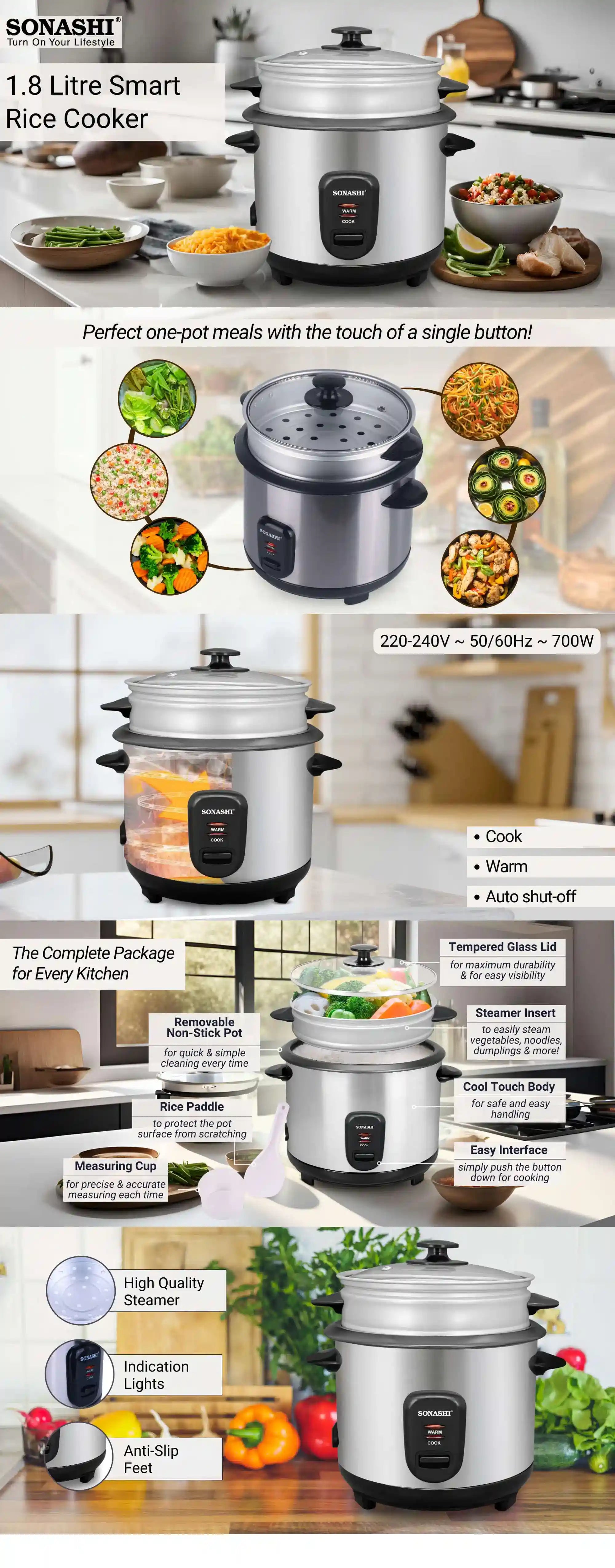 Sonashi 1.8L Electric Rice Cooker SRC-418 – Stainless Steel Housing, Non-Stick Removable Pot, Tempered Glass Lid, Auto Shut-Off & Keep Warm Function | 700W Cooker with Steamer, Spoon & Cup - Damoo