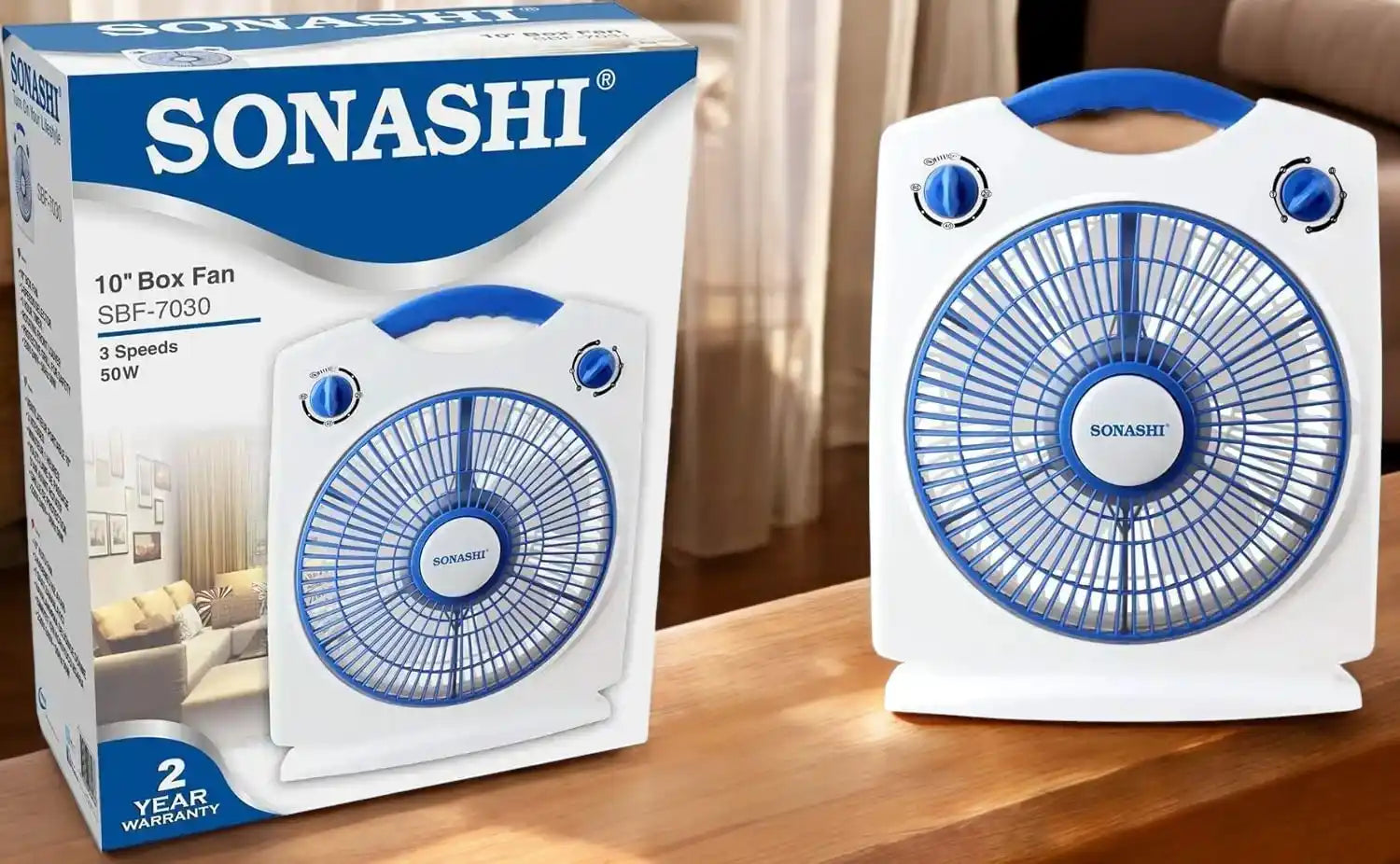 Sonashi 10-Inch Box Fan – 3-Speed Settings, 1-Hour Timer, Rotating Louver, Lightweight & Portable Design, Kid-Safe Protective Grill – White/Blue . SBF-7030 - Damoo