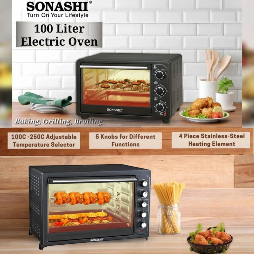 Sonashi 100L Electric Oven with 2800W Power, Auto Shut-Off, Temperature Control, Timer, Rotisserie & Stainless Steel Heating – Countertop Oven for Professional Use – STO-734 - Damoo