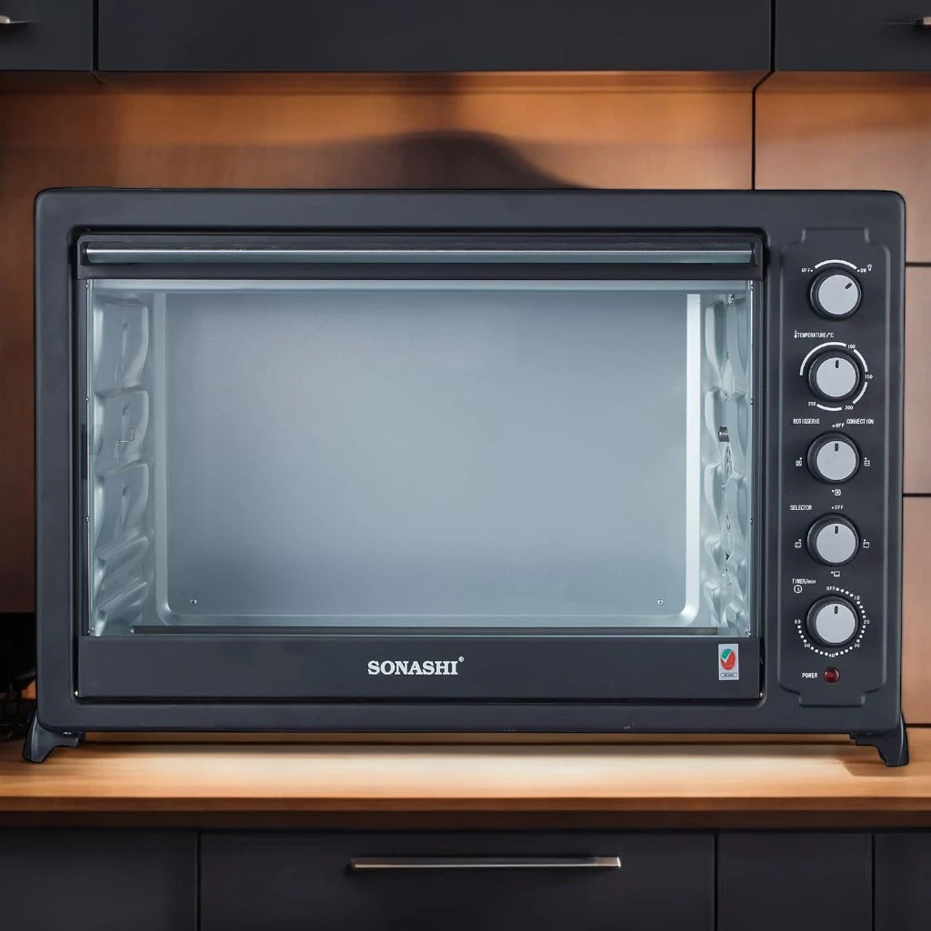 Sonashi 100L Electric Oven with 2800W Power, Auto Shut-Off, Temperature Control, Timer, Rotisserie & Stainless Steel Heating – Countertop Oven for Professional Use – STO-734 - Damoo