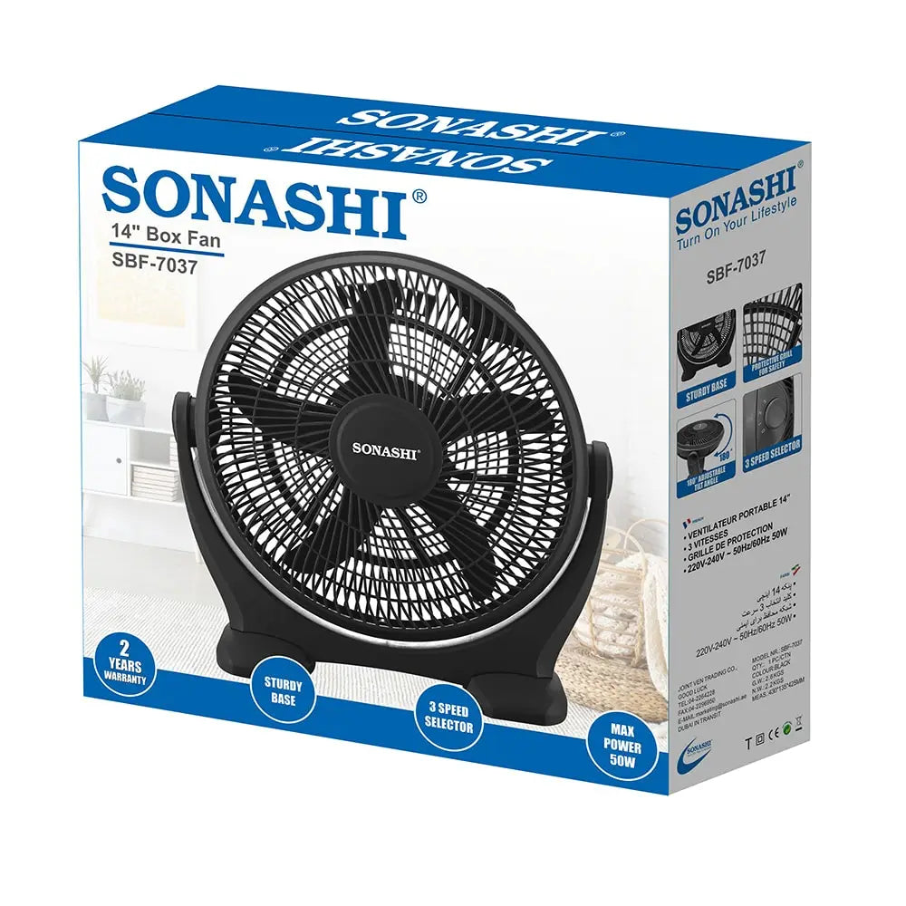 Sonashi 14-Inch Box Fan – 3-Speed Selector, 180° Adjustable Tilt Head, Kids Safe Protective Grill, Portable & Quiet Cooling Fan – SBF-7037 - Damoo