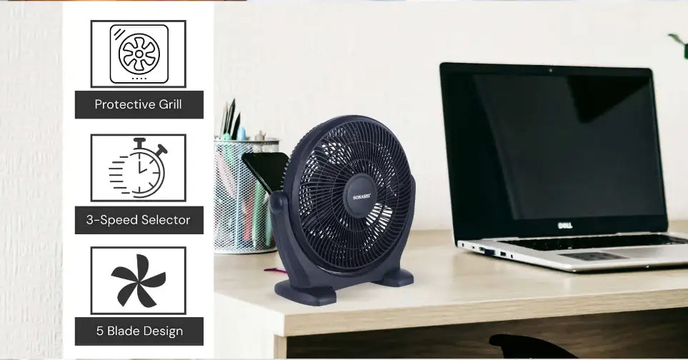 Sonashi 14-Inch Box Fan – 3-Speed Selector, 180° Adjustable Tilt Head, Kids Safe Protective Grill, Portable & Quiet Cooling Fan – SBF-7037 - Damoo