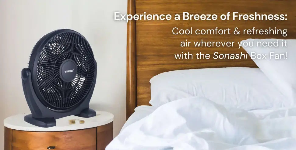 Sonashi 14-Inch Box Fan – 3-Speed Selector, 180° Adjustable Tilt Head, Kids Safe Protective Grill, Portable & Quiet Cooling Fan – SBF-7037 - Damoo