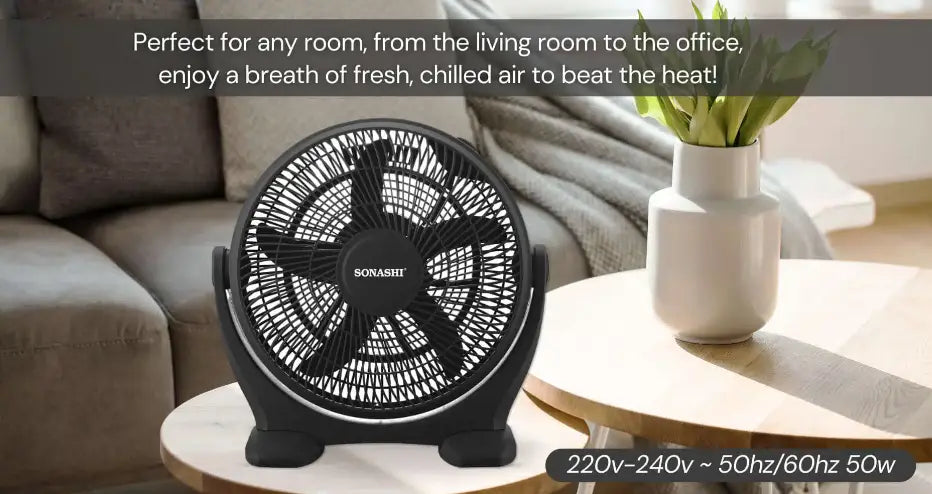 Sonashi 14-Inch Box Fan – 3-Speed Selector, 180° Adjustable Tilt Head, Kids Safe Protective Grill, Portable & Quiet Cooling Fan – SBF-7037 - Damoo