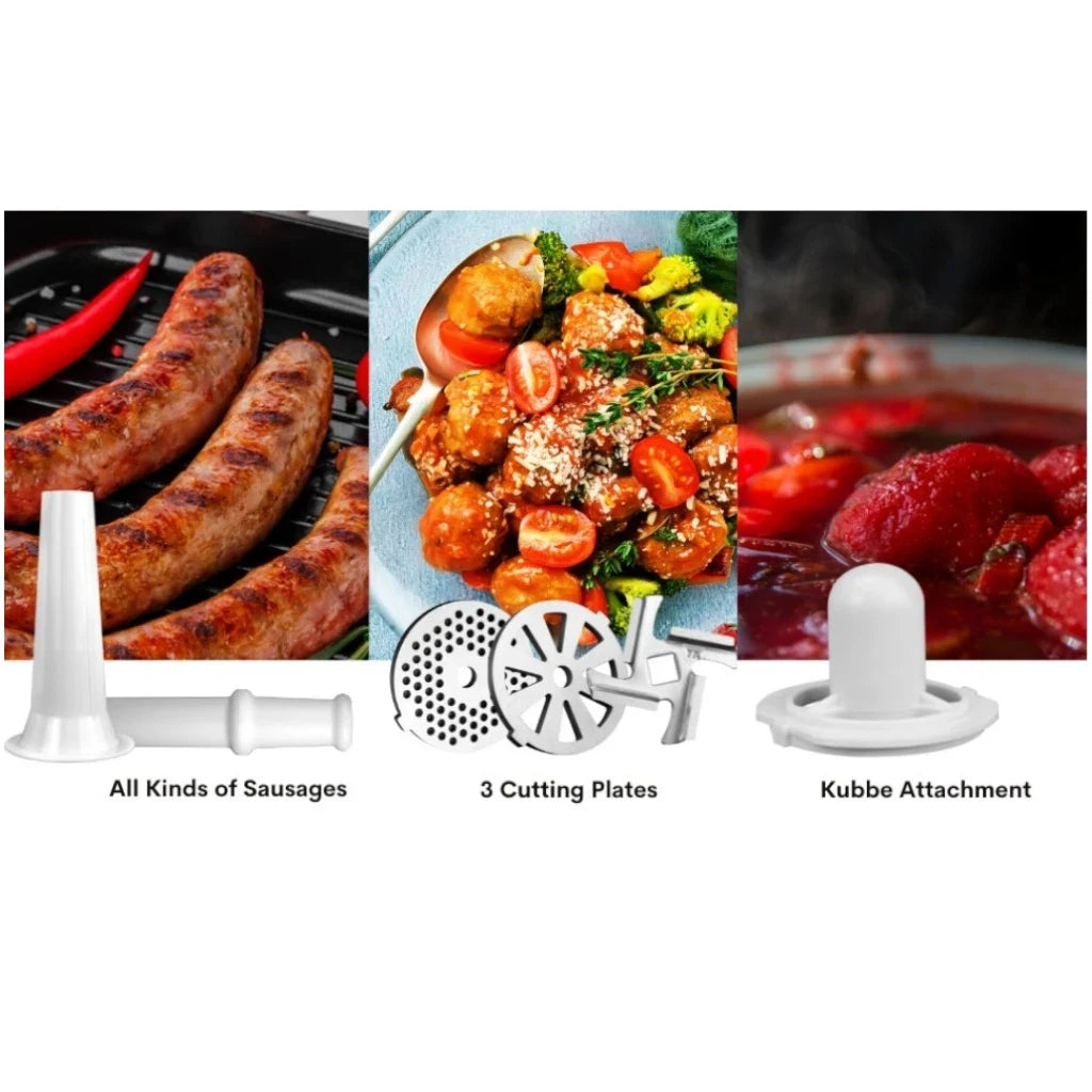 Sonashi 1500W Electric Meat Grinder – SMG-021N, Stainless Steel Blade, 3 Cutting Plates, Reverse Function, Kubbe Attachment, Heavy-Duty Food Mincer – Silver & Black - Damoo