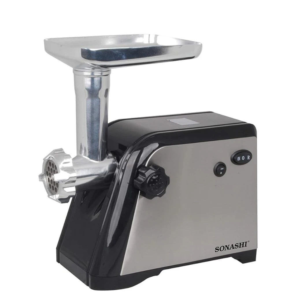 Sonashi 1500W Electric Meat Grinder – SMG-021N, Stainless Steel Blade, 3 Cutting Plates, Reverse Function, Kubbe Attachment, Heavy-Duty Food Mincer – Silver & Black - Damoo