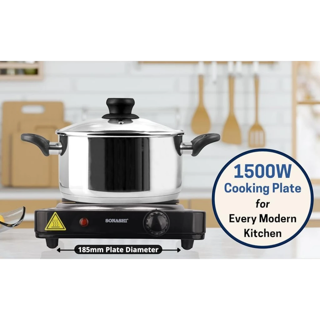 Sonashi 1500W Single Electric Hot Plate – Adjustable Temperature Control, Non-Slip Feet, Auto Thermostat, Compact & Portable for Home, Office & Travel – Black - SHP-612N - Damoo