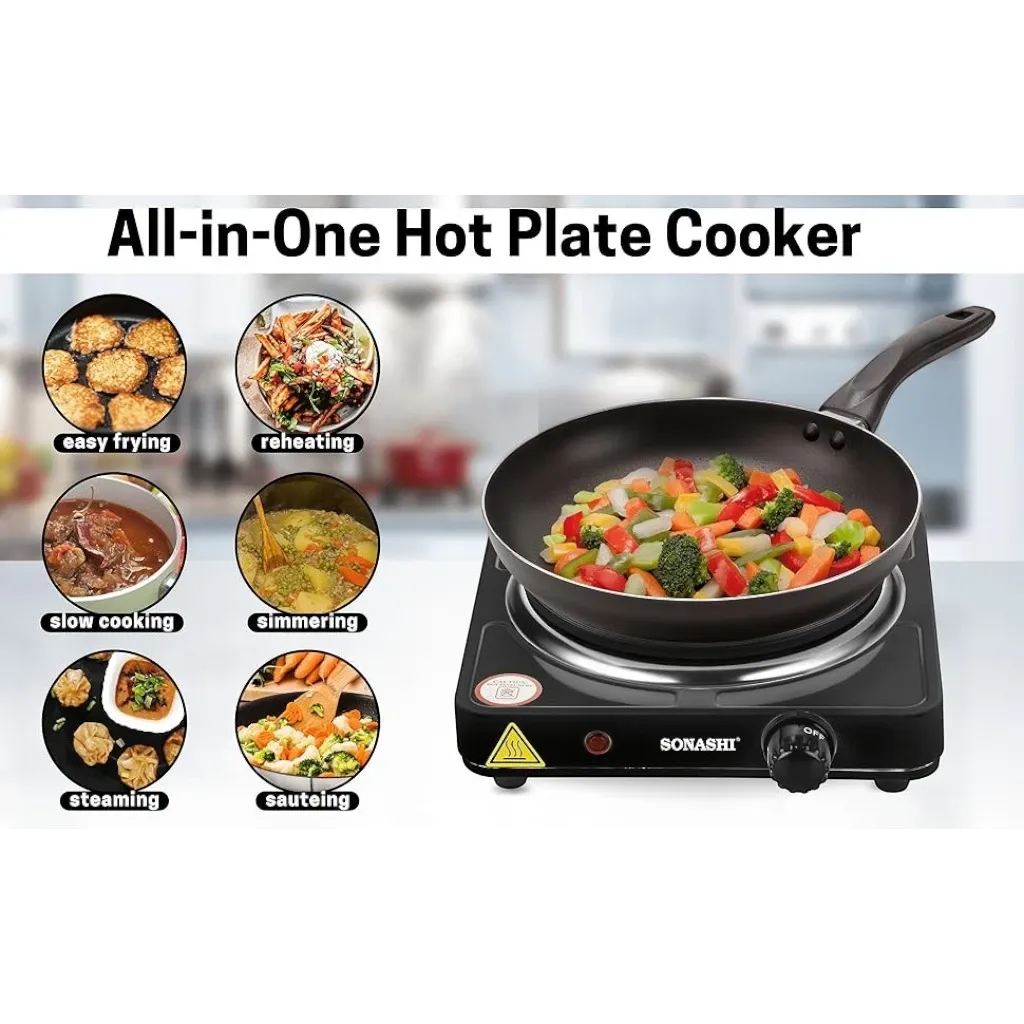 Sonashi 1500W Single Electric Hot Plate – Adjustable Temperature Control, Non-Slip Feet, Auto Thermostat, Compact & Portable for Home, Office & Travel – Black - SHP-612N - Damoo
