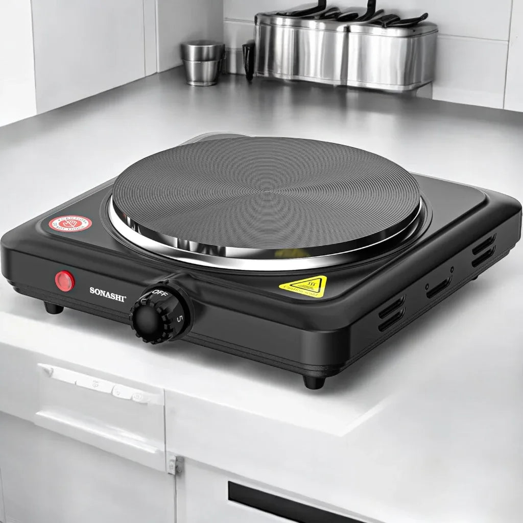 Sonashi 1500W Single Electric Hot Plate – Adjustable Temperature Control, Non-Slip Feet, Auto Thermostat, Compact & Portable for Home, Office & Travel – Black - SHP-612N - Damoo
