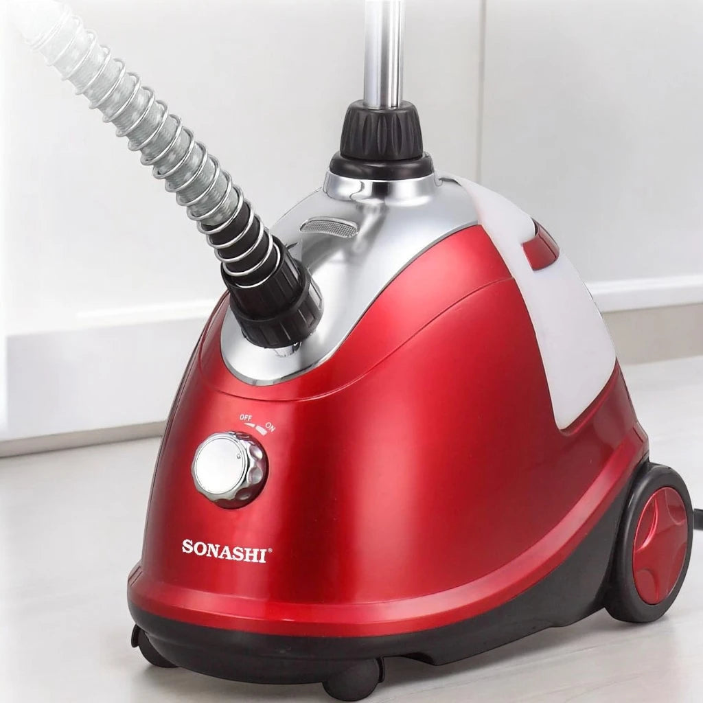 Sonashi 1800W Heavy Duty Garment Steamer – 1.8L Tank, 90-Min Continuous Steam, Anti-Slip Wheels, Leak-Proof Valve, Adjustable Pole – SGS-311 Red - Damoo