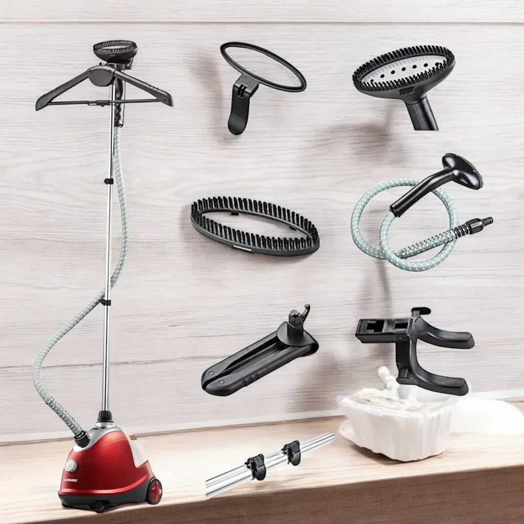 Sonashi 1800W Heavy Duty Garment Steamer – 1.8L Tank, 90-Min Continuous Steam, Anti-Slip Wheels, Leak-Proof Valve, Adjustable Pole – SGS-311 Red - Damoo