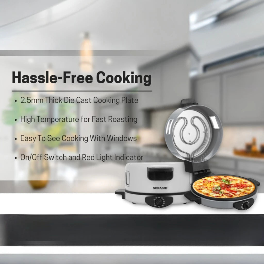 Sonashi 2-in-1 Arabic Bread & Pizza Maker – 1800W Non-Stick Flatbread Machine with Adjustable Temperature, Viewing Window, Stainless Steel Tube, 30cm Plate – SABM-863 ,White - Damoo