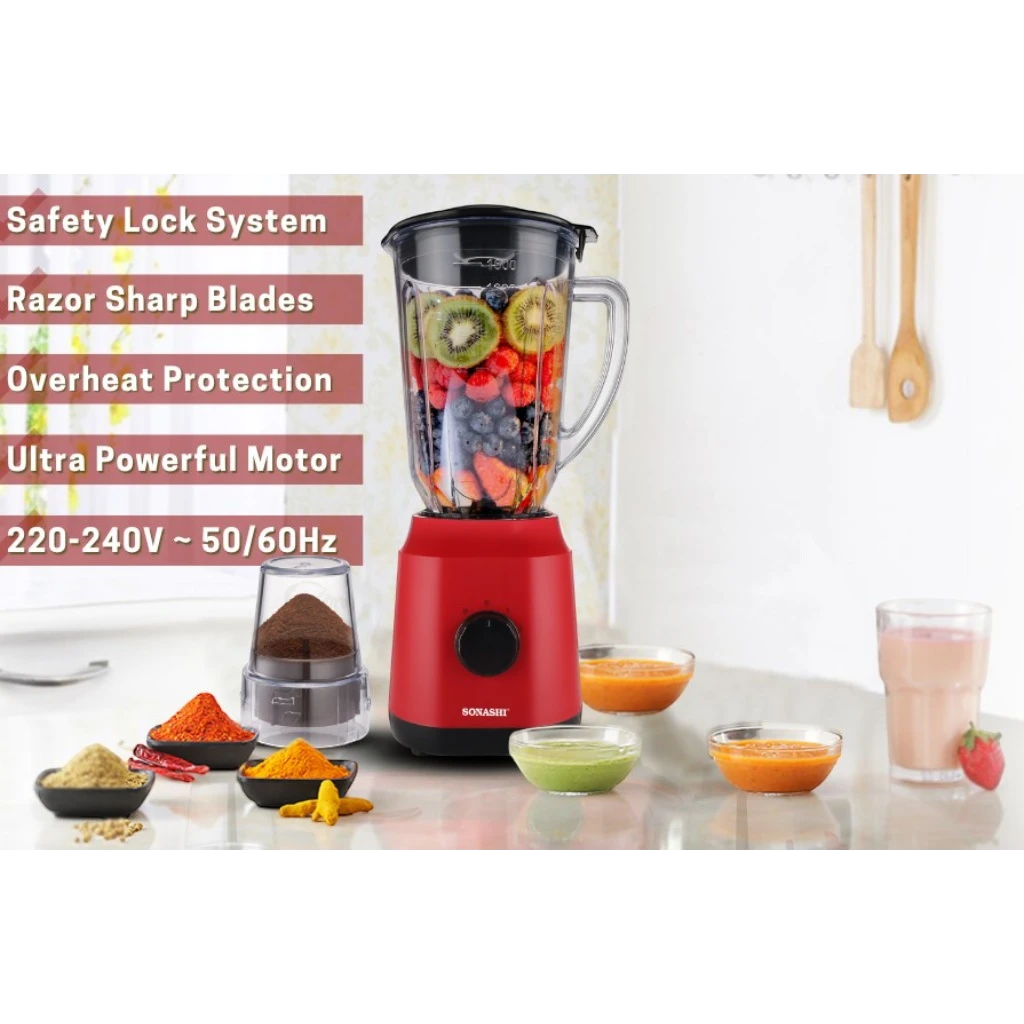 Sonashi 2-in-1 Blender – 650W Motor, 1.8L Unbreakable Jar, Grinding Cup, 2-Speed with Pulse, Overheat Protection, Safety Lock – Red - SB-154 - Damoo